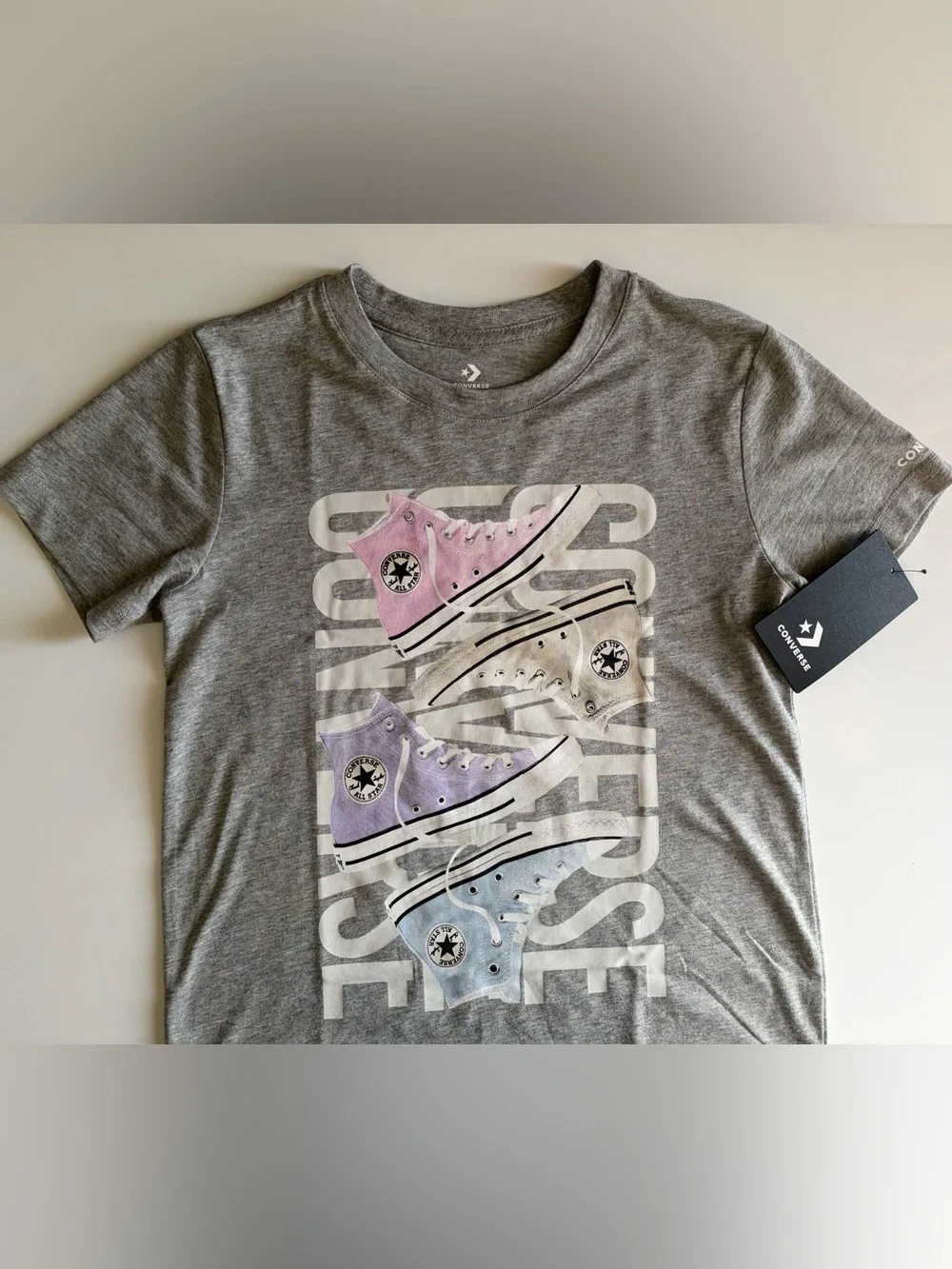 Converse Gray Tee with Pink, Purple and Light Blue Sneaker Graphic